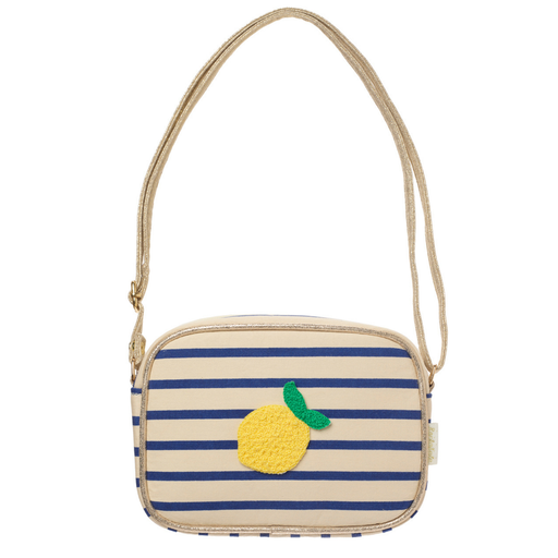 Striped bag with a lemon applique on a white background