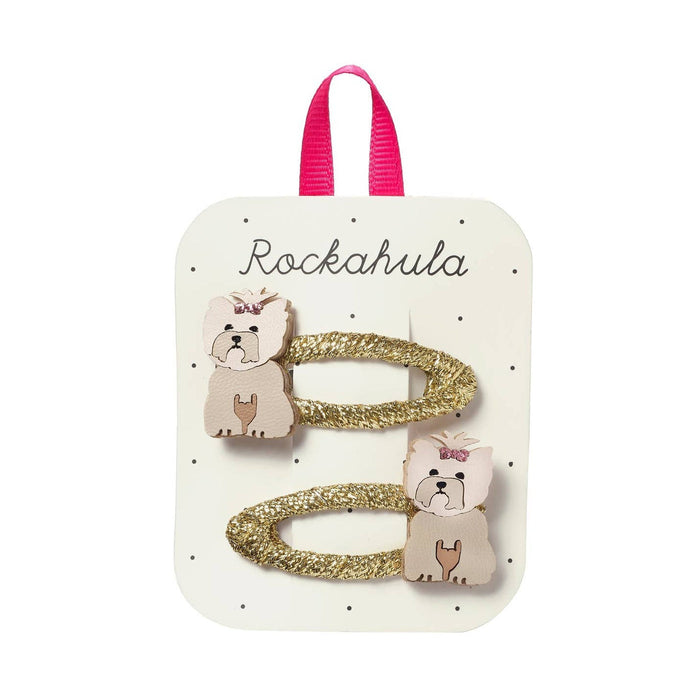 Set of hair clips with dog design on a Rockahula branded card.