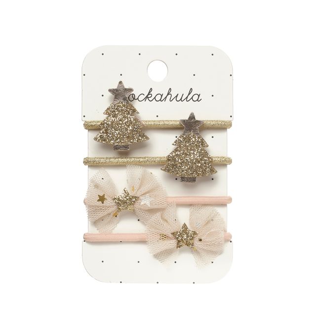 Set of hair accessories including gold tree-shaped clips and pink hair ties with decorative elements on a white card with 'rockahula' branding.