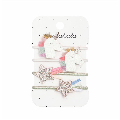 Set of hair clips with unicorn and star designs on a Rockahula branded card.