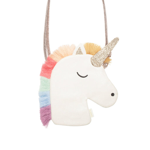 Unicorn-shaped bag with rainbow hair and glittery horn on a white background