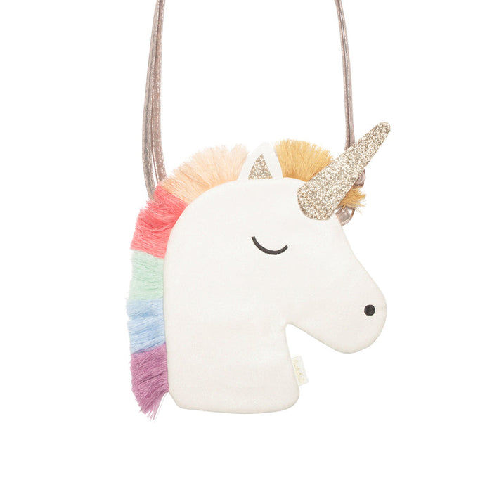 Unicorn-shaped bag with rainbow hair and glittery horn on a white background