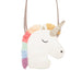 Unicorn-shaped bag with rainbow hair and glittery horn on a white background