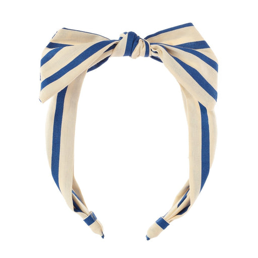 Beige and blue striped headband with a bow on a white background