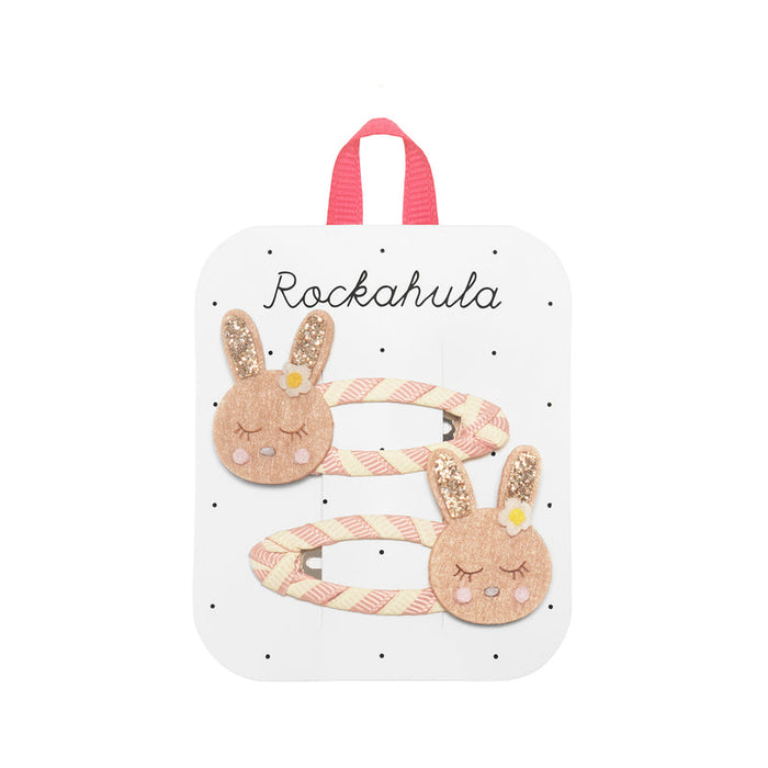 Set of bunny-shaped hair clips on a Rockahula branded card with a pink handle.