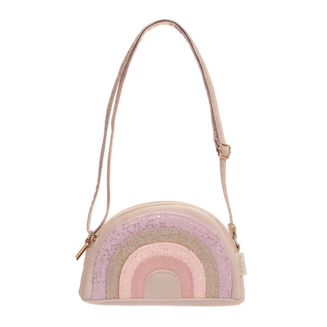 A small crescent-shaped shoulder bag with a glittery rainbow design in pastel pink, lavender, and gold, featuring a matching pink strap and gold-tone hardware, shown on a plain white background.