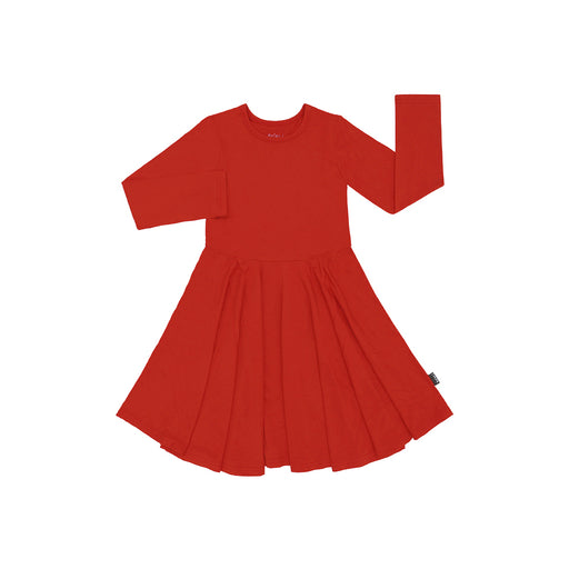 Red belan j dress with long sleeves on a white background