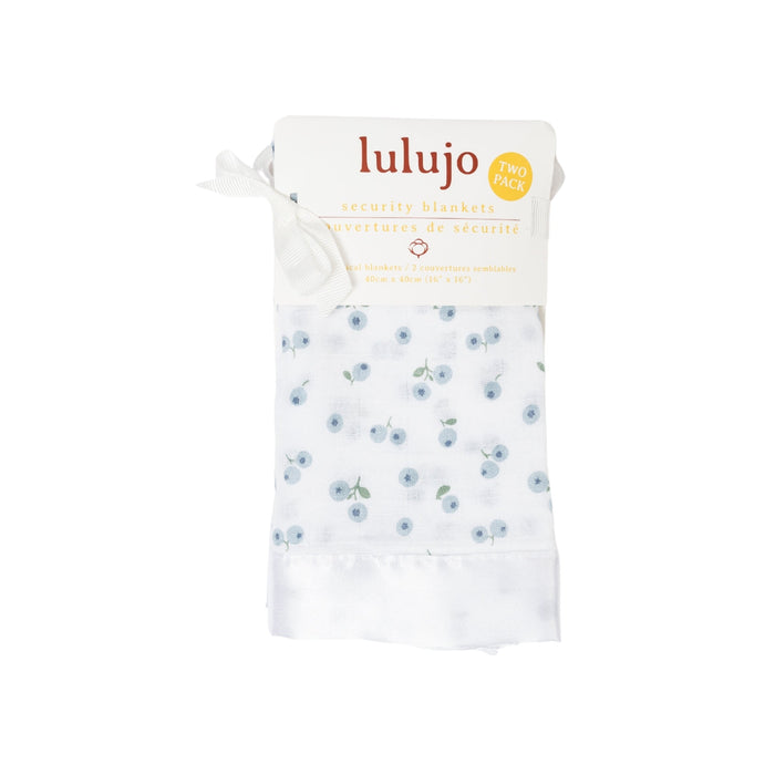 Lulujo baby blanket with blue floral pattern on a white background