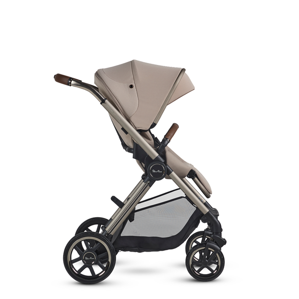 Beige stroller with a canopy on a white background