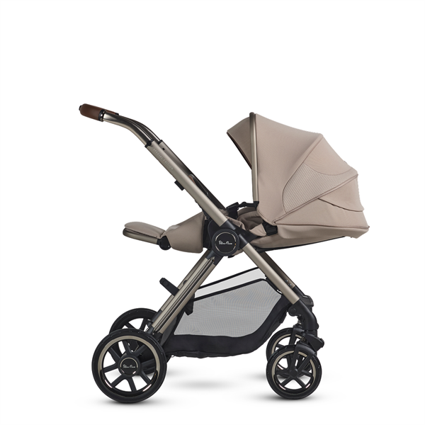 Beige and black stroller on a white background