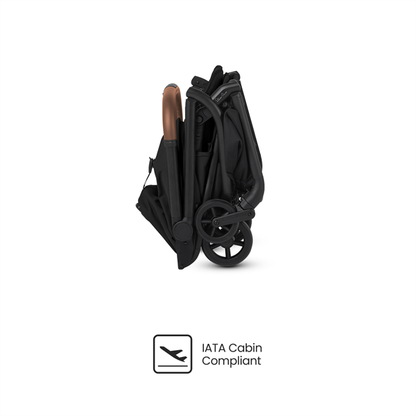 Compact black stroller with wooden handle on a white background, featuring IATA Cabin Compliant logo.