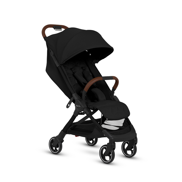 Black stroller with brown accents on a white background