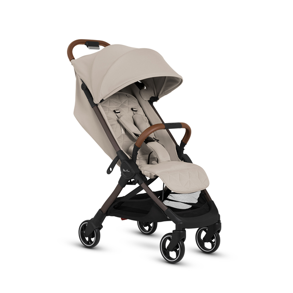 Beige stroller with brown accents on a white background