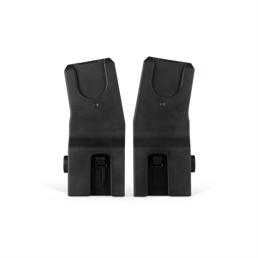 Two black car seat adapters on a white background