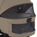 Close-up of a beige stroller with a black mesh cover on a white background
