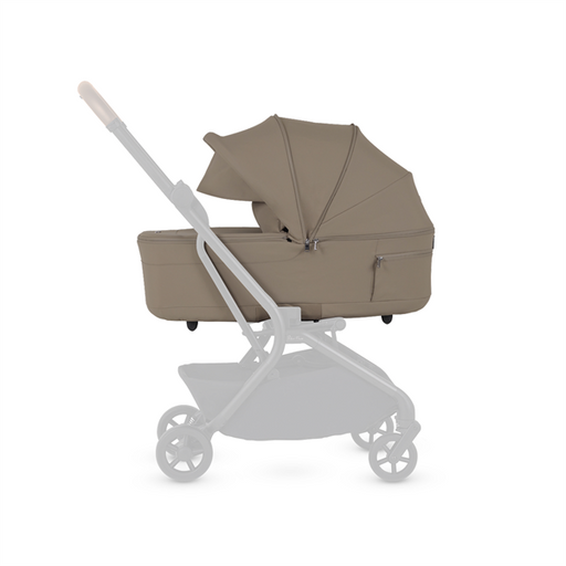 Baby stroller with beige canopy on a white background