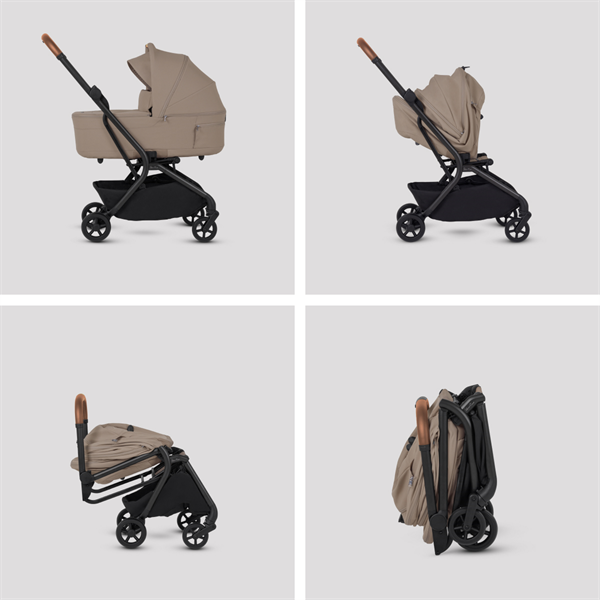 Collage of a beige baby stroller in various angles on a light gray background