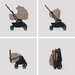 Collage of a beige baby stroller in various angles on a light gray background
