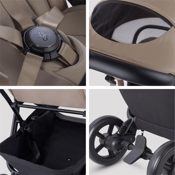 Collage of a stroller showing close-up details on a light gray background