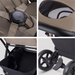 Collage of a stroller showing close-up details on a light gray background