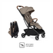 Beige and black stroller with IATA Cabin Compliant label on a white background
