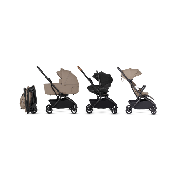 Four views of a stroller on a white background