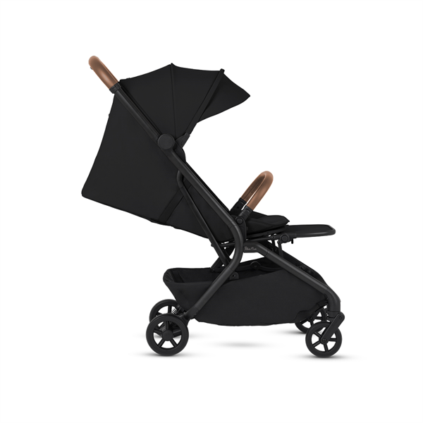 Black stroller with brown accents on a white background