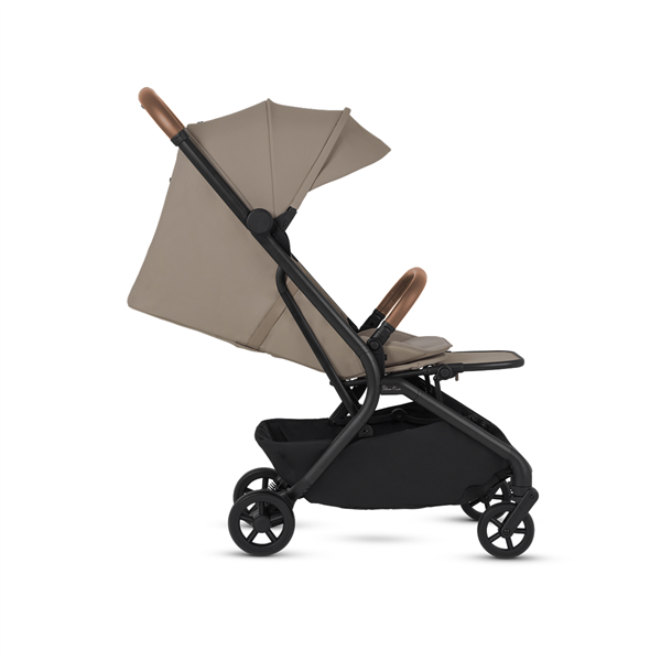 Beige and black stroller on a white background