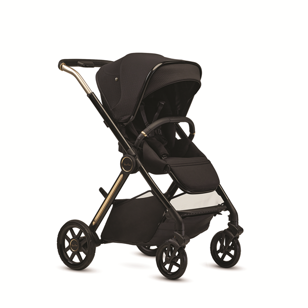 Black stroller with gold accents on a white background