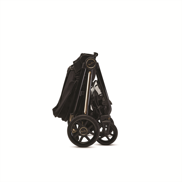 Black and gold baby stroller on a white background