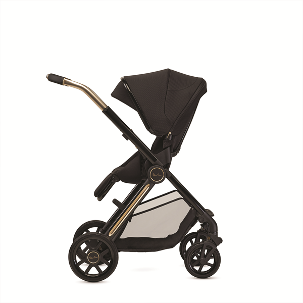 Black stroller with gold accents on a white background