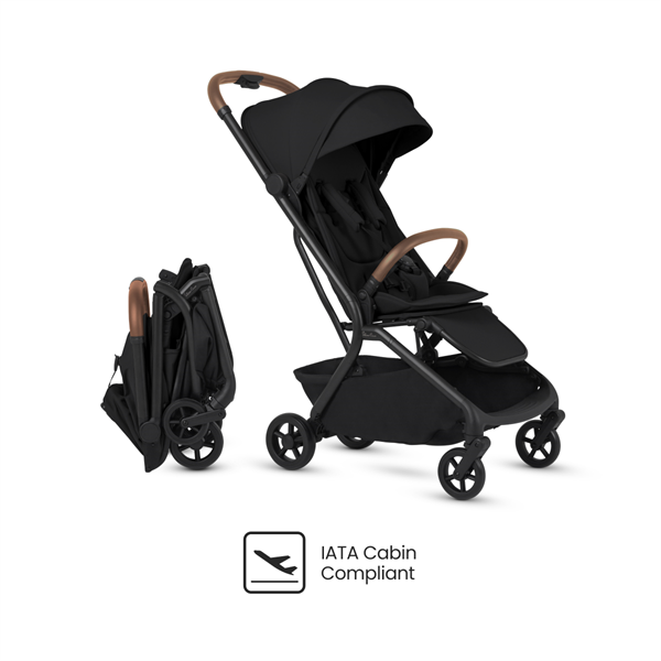 Black and brown stroller with folded version on a white background, featuring IATA Cabin Compliant label.