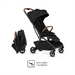 Black and brown stroller with folded version on a white background, featuring IATA Cabin Compliant label.