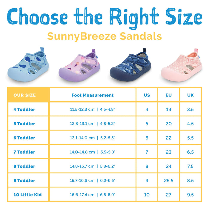 SunnyBreeze sandals with a size chart for children's shoes