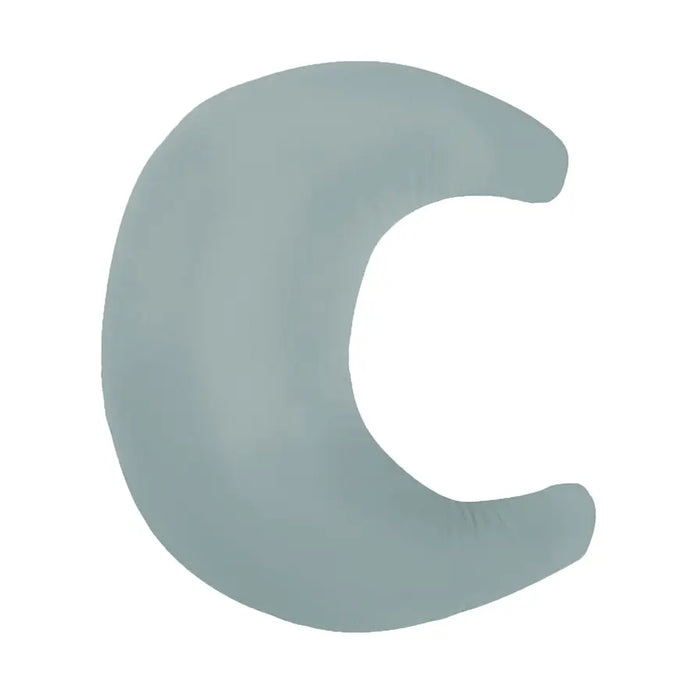 Moon-shaped cushion in light blue on a white background