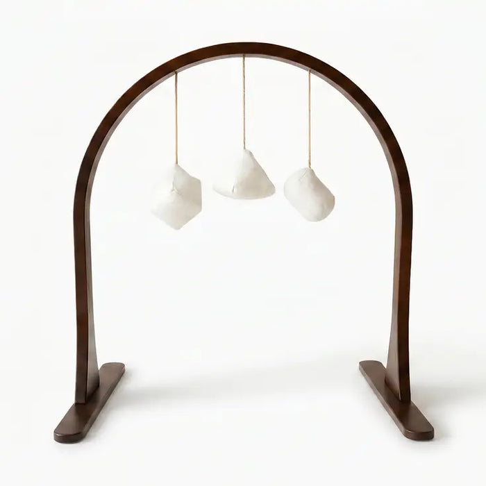 Snuggle Me Wooden Toy bar Play arch with 3 dangling toys in neutral fabric and abstract shape to pair with baby lounger
