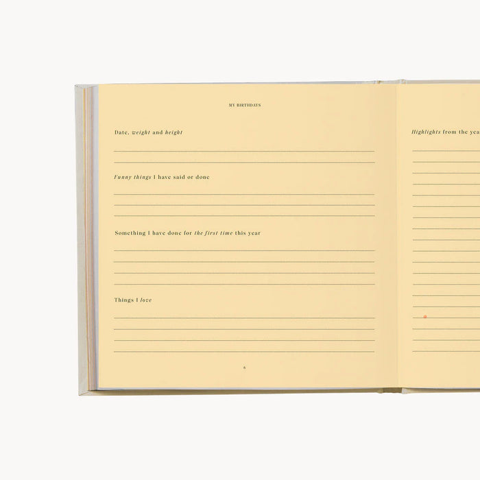 Open keepsake birthday book for journal style entry shown on yellow paper