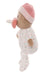 Stuffed toy resembling a baby with a pink hat and pacifier on a white background