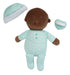 Baby doll with brown skin, wearing a light blue outfit with white polka dots, hat, and pacifier on a white background.