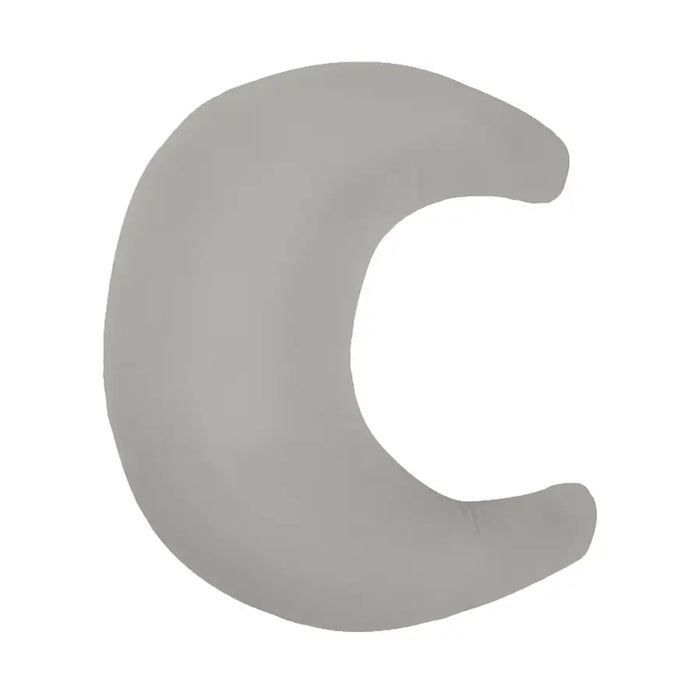 Gray crescent moon-shaped pillow on a white background