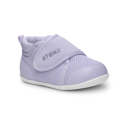 Purple baby shoe with a white sole on a white background