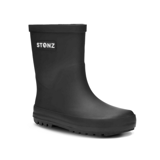 Black rain boot with 'STONZ' branding on a white background