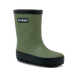 Green rain boot with black sole on a white background
