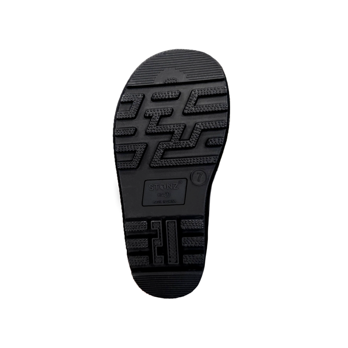 Black sole of a shoe with a brand logo on a white background