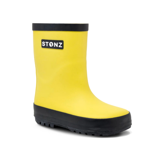 Yellow rain boot with black sole and Stonz logo on a white background