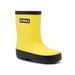 Yellow rain boot with black sole and Stonz logo on a white background
