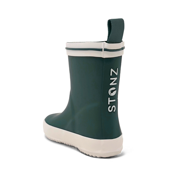 Green rain boot with white sole and 'STONZ' branding on a white background