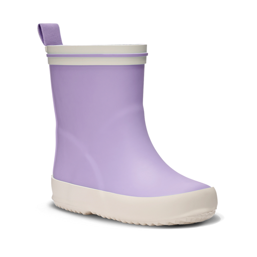 Children's Purple rain boot with white sole on a white background