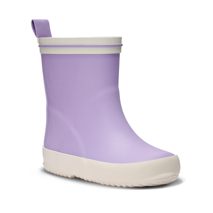 Children's Purple rain boot with white sole on a white background