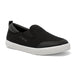 Black slip-on shoe with white sole on a white background